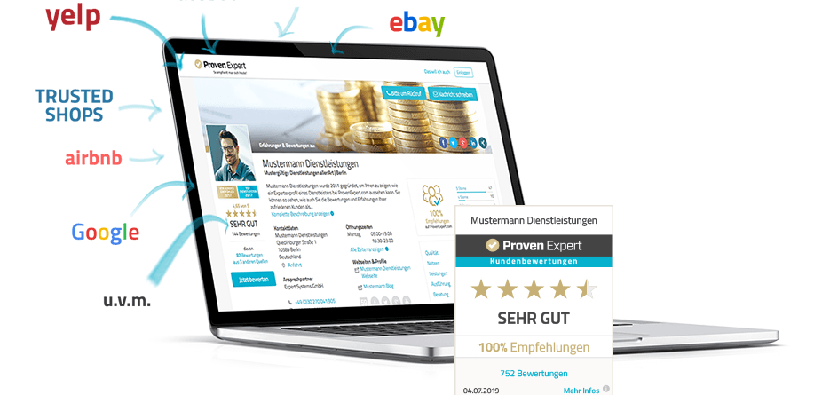 Symbolbild Online-Bewertung: Sterne, Laptop und Kundenfeedback – Vertrauen durch ProvenExpert.