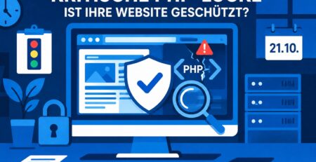Illustration: Monitor mit Website, Schutzschild und Lupe über einer PHP-Lücke