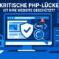Illustration: Monitor mit Website, Schutzschild und Lupe über einer PHP-Lücke